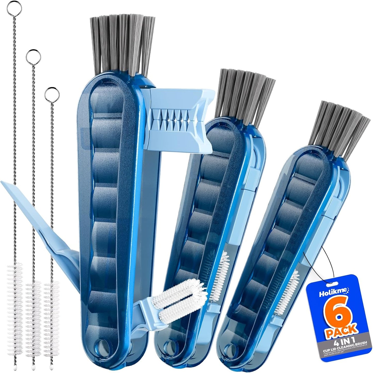 6 Pack Holikme 4 in 1 Cup Lid Cleaning Brush Set with 3 Straws, Multifunctional Bottle Brush, Silicone Cup Lid Gap Cleaner, Bristle Crevice Cleaning Brush, Flat End Brushes, Navy & Black & Olive