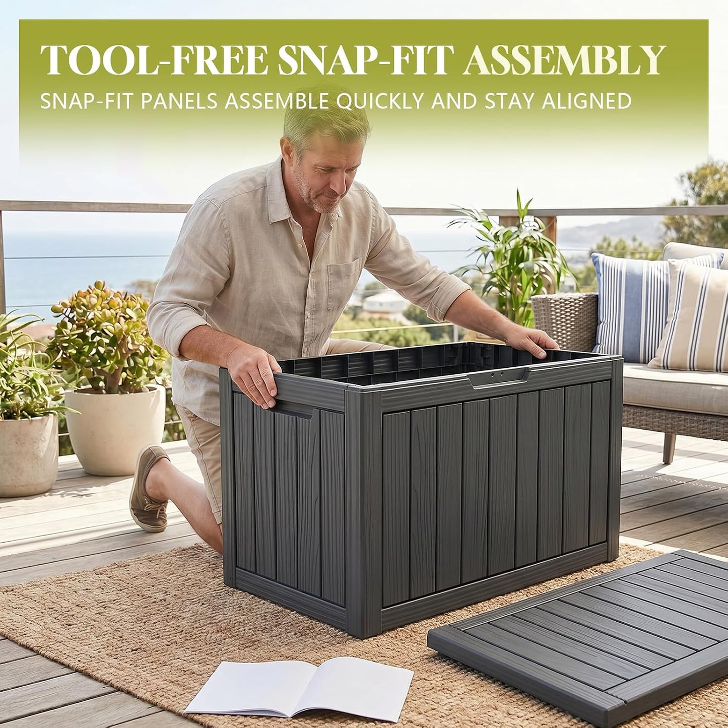 Waterproof Outdoor Storage Box Outside Deck Box Lockable Resin Bench UV Resistant Furniture Cushion Pool Tool Float Bin Patio Garden Porch (Black, 120 Gallon)