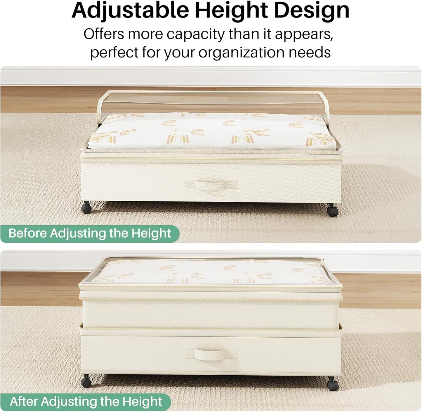 Kitstorack Under Bed Storage with Wheels 2Pack Height-adjustable Under Bed Storage Containers,Under Bed Shoe Storage Organizer with Clear Window&Label, Suitable for Clothes Storage, Gray