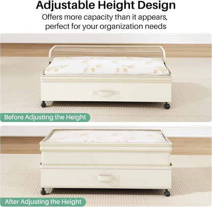 Kitstorack Under Bed Storage with Wheels 2Pack Height-adjustable Under Bed Storage Containers,Under Bed Shoe Storage Organizer with Clear Window&Label, Suitable for Clothes Storage, Gray