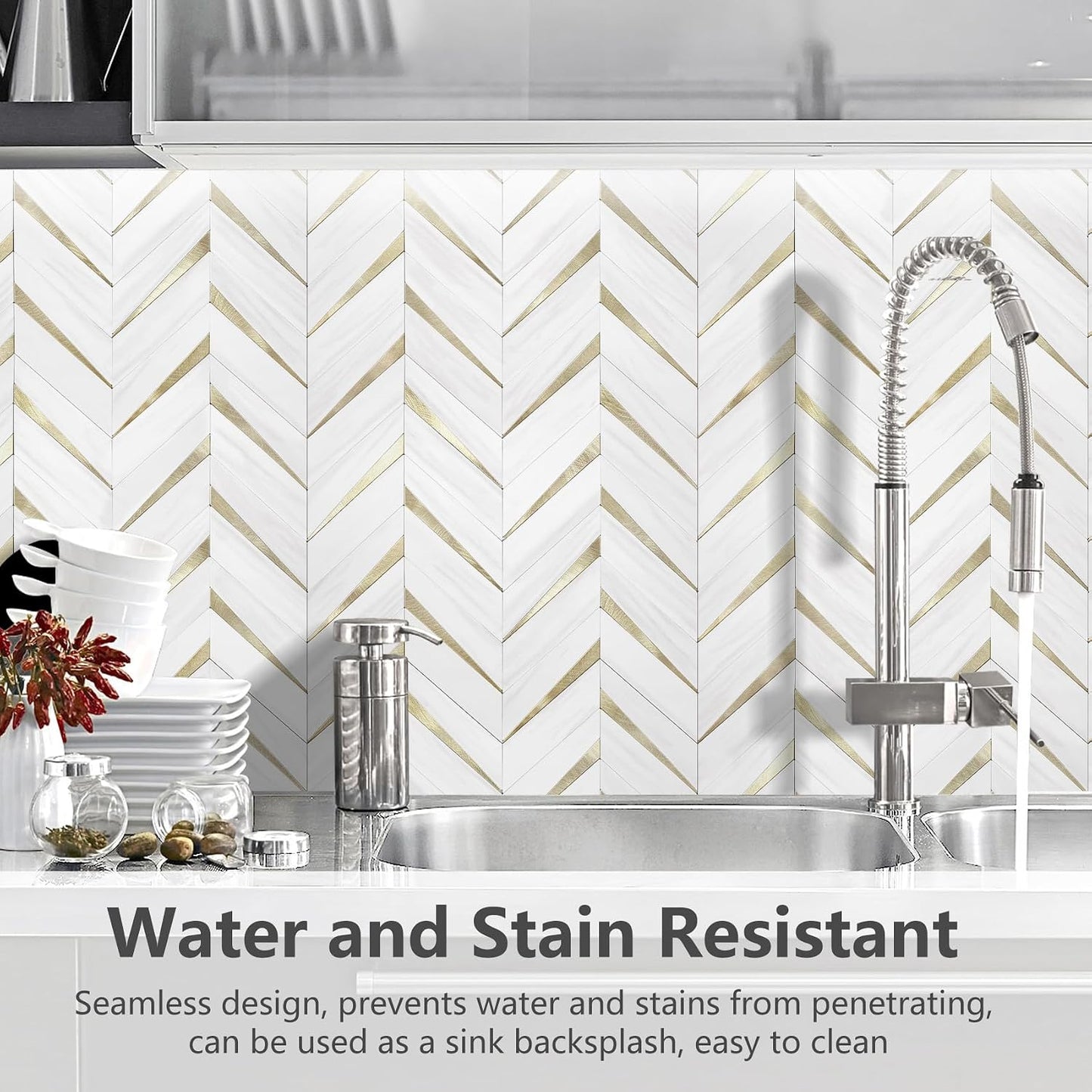 STICKGOO 10-Sheet Herringbone Tile Peel and Stick Backsplash, Beige Mixed Metal Gold PVC Stick on Backsplash, Self Adhesive Wall Tile for Kitchen and Bathroom