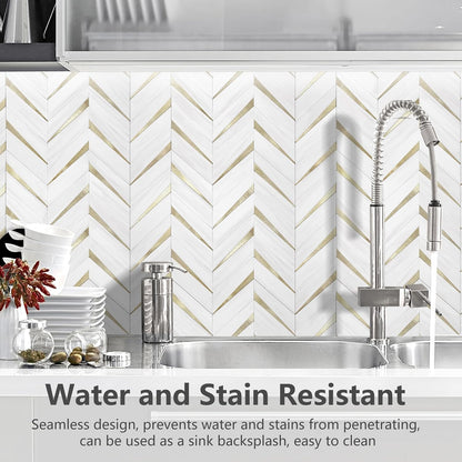 STICKGOO 10-Sheet Herringbone Tile Peel and Stick Backsplash, Beige Mixed Metal Gold PVC Stick on Backsplash, Self Adhesive Wall Tile for Kitchen and Bathroom