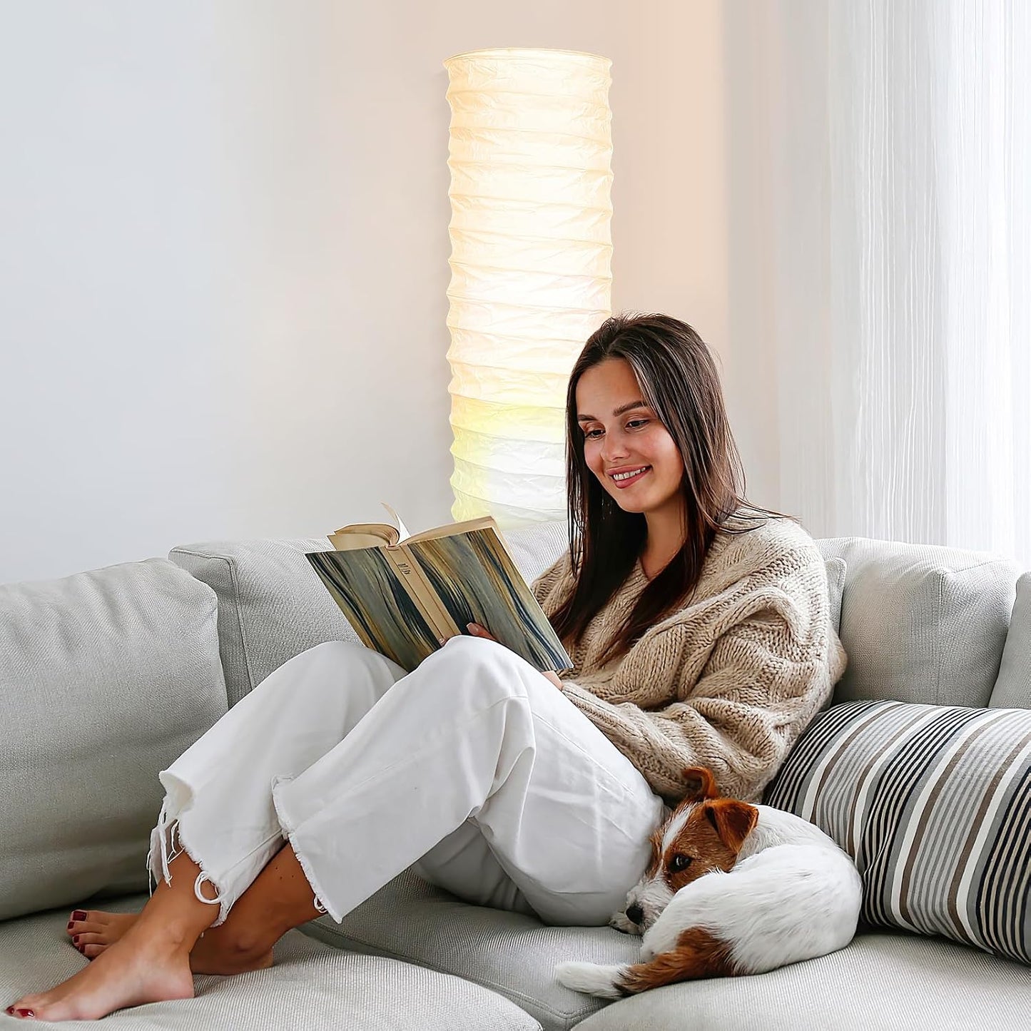 STOBOK Rice Paper Floor Lamp Shade Replacement, 36-inch Standing Paper Lampshade, Japanese Style Long Lamp Shade Only, Foldable Light Cover for Living Room Bedroom Hotel Decor, White