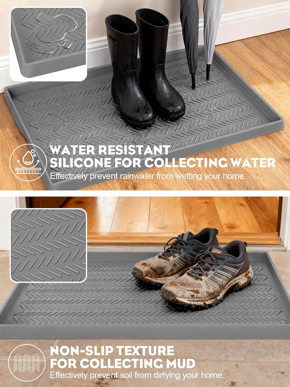 Kalolary Extra Large Boot Tray for Entryway, Silicone Shoe Trays Mat for Indoor Outdoor Use Non-Slip Shoe Mat Tray for Muddy & Wet Shoes Waterproof Shoe Rug for Front Door Patio Porch Room (30“x16“)