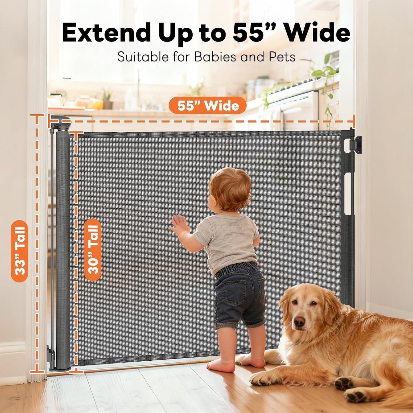Retractable Baby Gate for Stairs and Doorways, 55" Wide x 33" Tall Mesh Dog Gate for Indoor & Outdoor Use, Safety Gate for Babies and Pets, Child Gates for Hallways, Hardware Mounted, Black