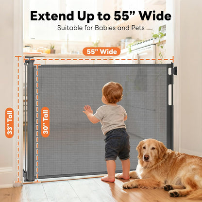Retractable Baby Gate for Stairs and Doorways, 55" Wide x 33" Tall Mesh Dog Gate for Indoor & Outdoor Use, Safety Gate for Babies and Pets, Child Gates for Hallways, Hardware Mounted, Black