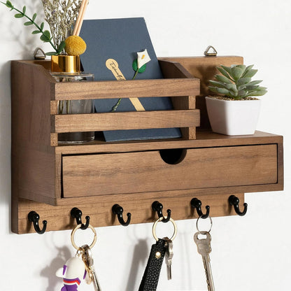 dreampossible Key and Mail Holder for Wall, Mail Organizer Wall Mount with 6 Hooks and Storage Drawer, Wooden Key Rack Hanger with Shelf for Entryway and Home Decor
