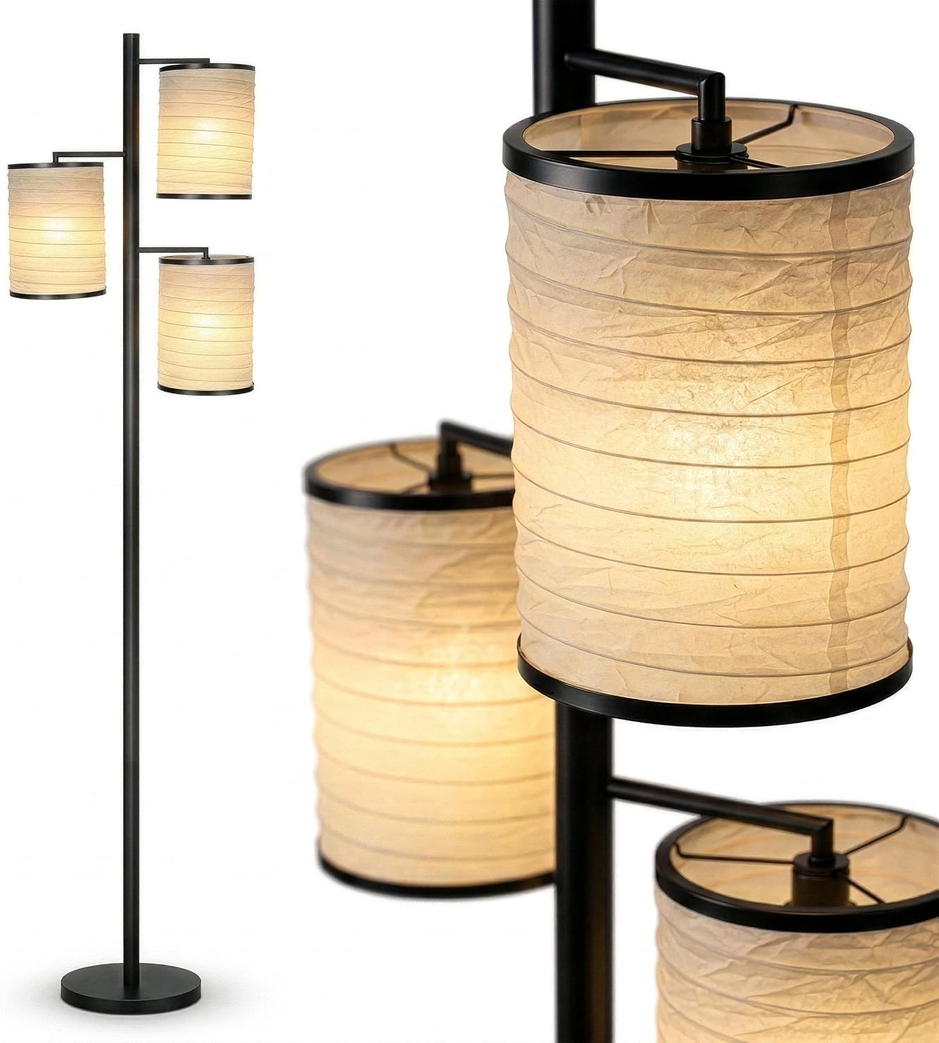 Brightech Liam Tall Tree Lamp with Asian Lantern Shade for Living Rooms and Offices - Standing Lamp with 3 LED Bulbs for Bedroom Reading - Bronze