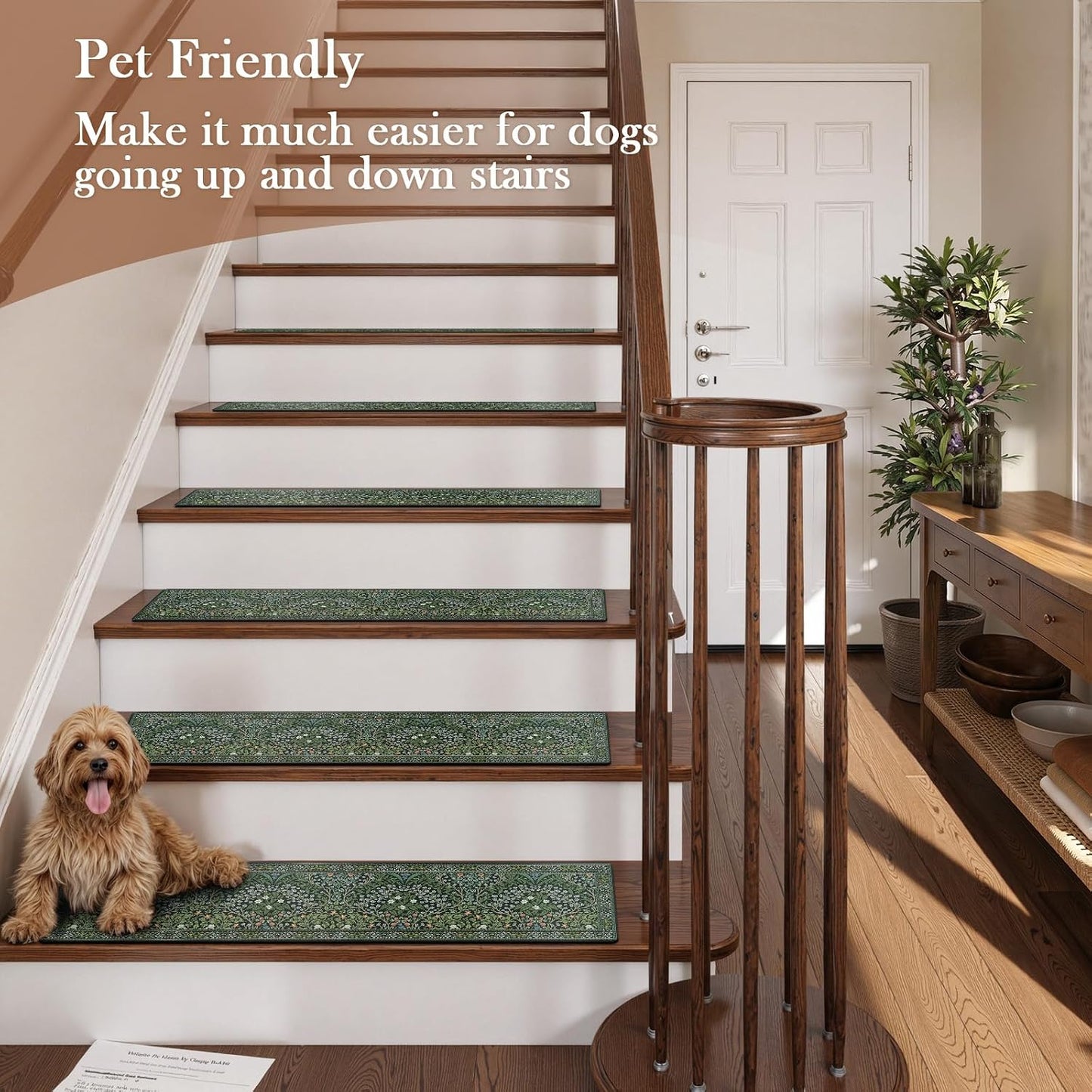 OJIA Floral Stair Treads Non-Slip Stair Runner for Wooden Steps Indoor 15PCS 30"x8" Carpet Stair Treads Stair Mats Staircase Step Treads for Kids, Elders and Dogs, Stair Covers, Black