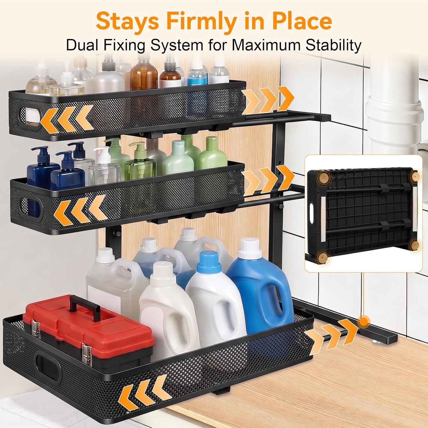 Under Sink Organizer for Bathroom, 3 Tier Adjustable Height Under Sink Storage, Sliding Pull Out Cabinet Organizer Shelf, Metal Multi-Purpose Cabinet Organizer for Kitchen (2 Pack, White)