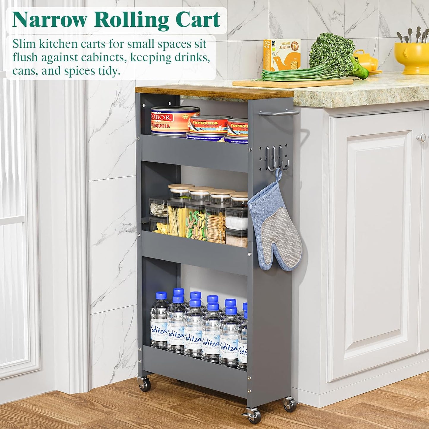 XYZLVSI Slim Storage Cart, Narrow Kitchen Rolling Cart for Small Spaces | 5.9" W skinny storage cart, 12.4" bottom metal utility cart with 360° swivel wheels for bathroom/laundry, slim shelf, white