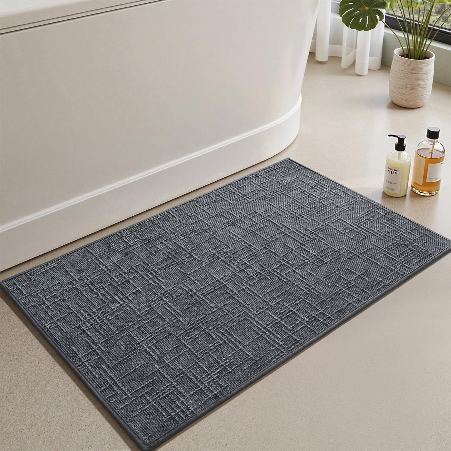 AMOAMI Bath Mat Non Slip Super Absorbent Quick Dry Bath Mats for Bathroom Floor Rubber Backing Washable Bathroom Rugs Modern Woven Jacquard Mat, Beside Tub Bath Rugs, 17" x 24", LightGrey