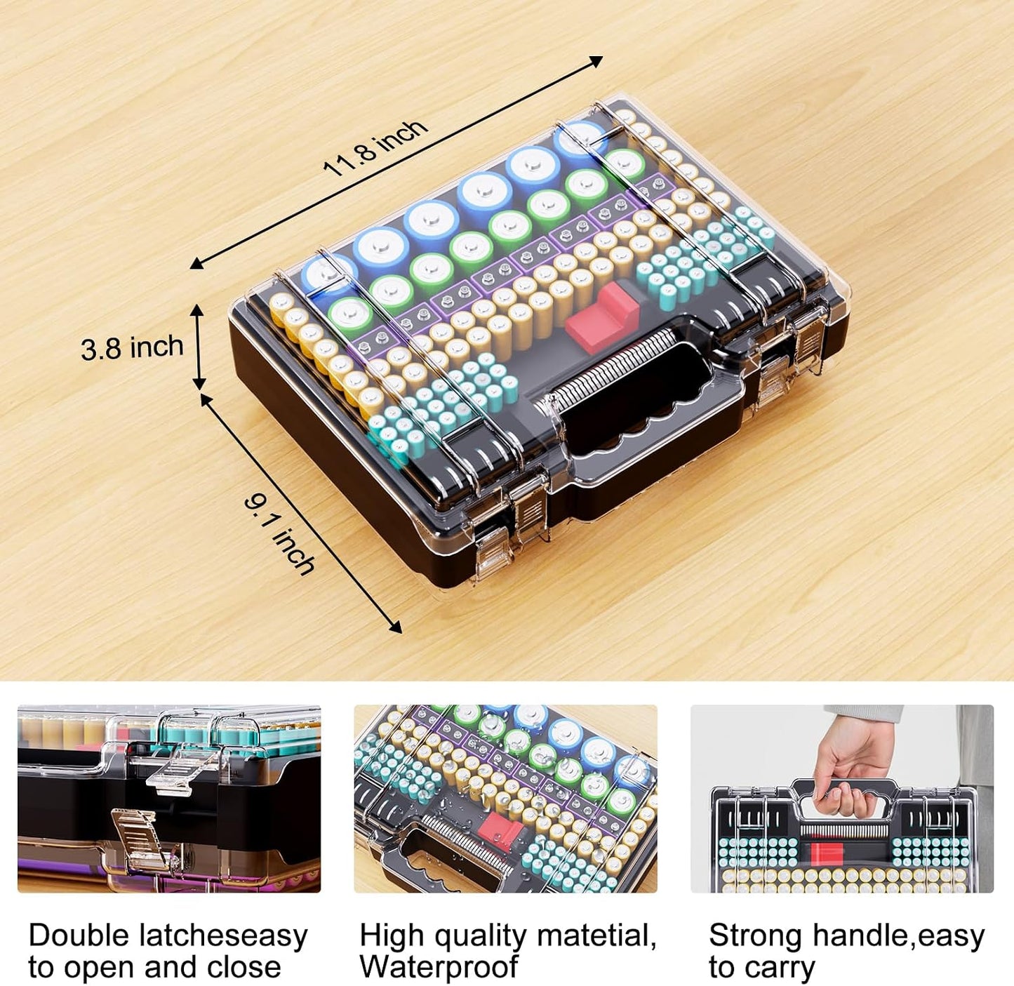 Tututry Battery Organizer Storage Holder Box Case with Tester, Ultra-Large 262+ Batteries Container with Double-Sided, Holds AA AAA 4A 23A C D Cell 9V 3V Lithium 4LR44 CR3 CR123A 18650 (Red)