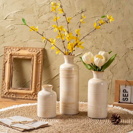 Ceramic Vases Set of 3, Minimalist Decorative Flower Vases for Farmhouse Home Decor, Table Shelf Mantel, Living Room, Entryway, Kitchen Centerpiece – Minimalist Neutral