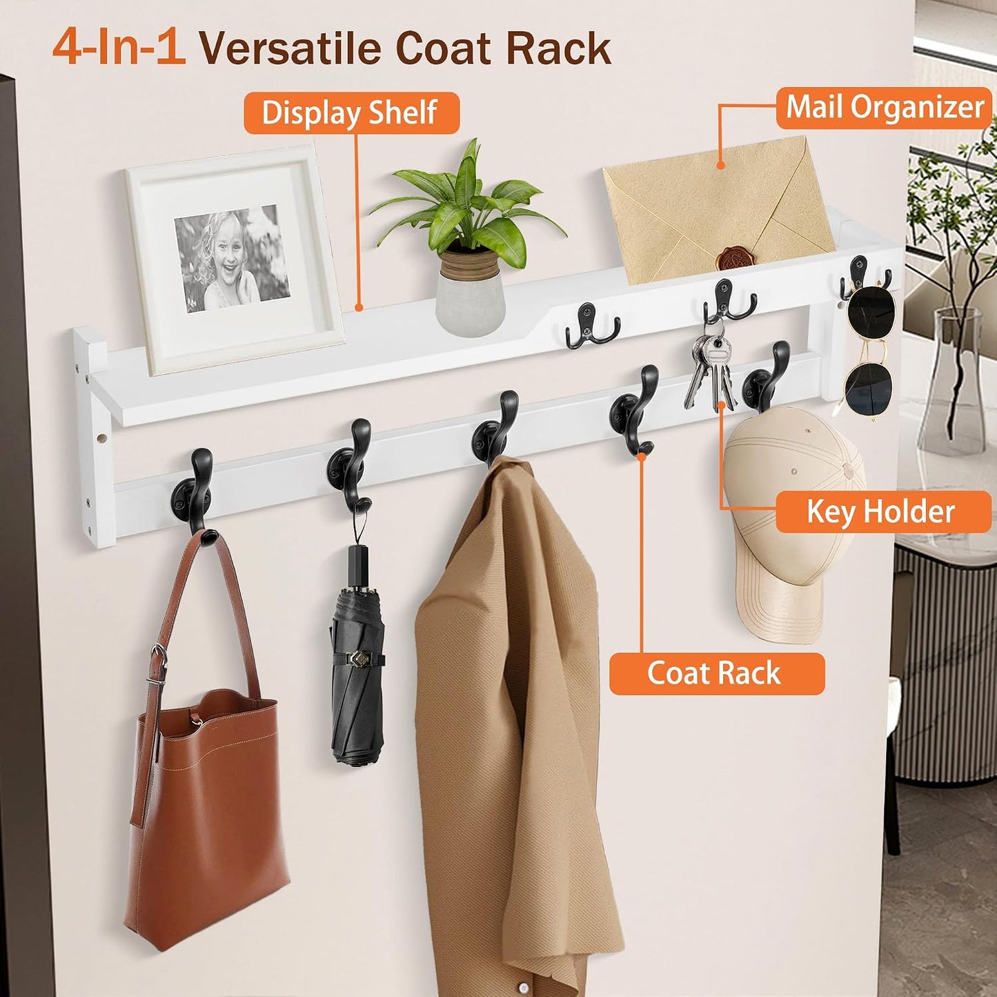 dreampossible Coat Rack Wall Mount with Shelf, Coat Hanger Wall Mount with Key Hooks and Mail Holder, Wood Entryway Floating Shelf with Hooks and Storage, Hat Rack for Wall Key Holder Mail Organizer