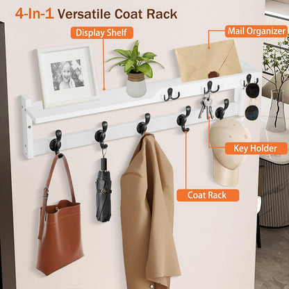 dreampossible Coat Rack Wall Mount with Shelf, Coat Hanger Wall Mount with Key Hooks and Mail Holder, Wood Entryway Floating Shelf with Hooks and Storage, Hat Rack for Wall Key Holder Mail Organizer