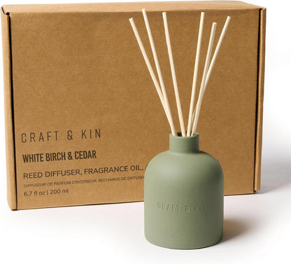 Craft & Kin Reed Diffuser for Home & Bathroom – Neroli & Jasmine Holiday Reed Diffuser Set with Fragrance Sticks, Long-Lasting Alcohol-Free Winter Scent, Earthenware Collection, 6.7oz