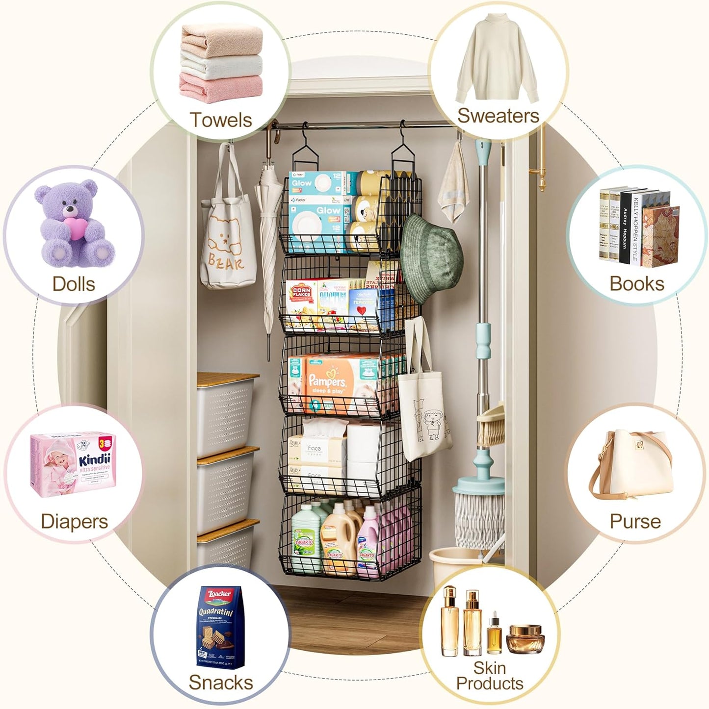 8-Tier Extended Depth Hanging Closet Organizers and Storage for Closet System, Stackable Closet Shelves with 4 Adjustable Dividers for Clothes Sweaters Purses, Wire Hanging Basket Fits Closet Laundry