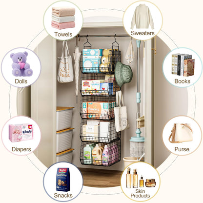 8-Tier Extended Depth Hanging Closet Organizers and Storage for Closet System, Stackable Closet Shelves with 4 Adjustable Dividers for Clothes Sweaters Purses, Wire Hanging Basket Fits Closet Laundry
