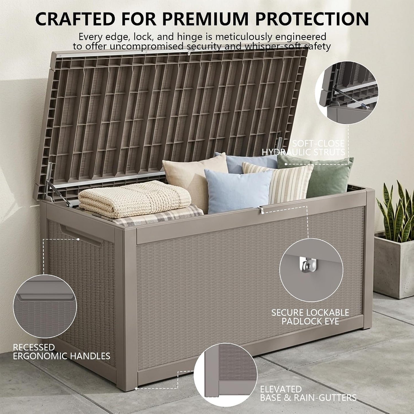 Outdoor Storage Box, 320 Gallon Waterproof Deck Box [Upgraded 3.0], Dual Gas-Spring Ultimate Resin Organizer for King Cushions, Heavy-Duty Lockable Estate Storage Bench, Backyard BBQ, Black