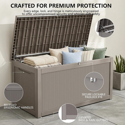 Outdoor Storage Box, 320 Gallon Waterproof Deck Box [Upgraded 3.0], Dual Gas-Spring Ultimate Resin Organizer for King Cushions, Heavy-Duty Lockable Estate Storage Bench, Backyard BBQ, Black