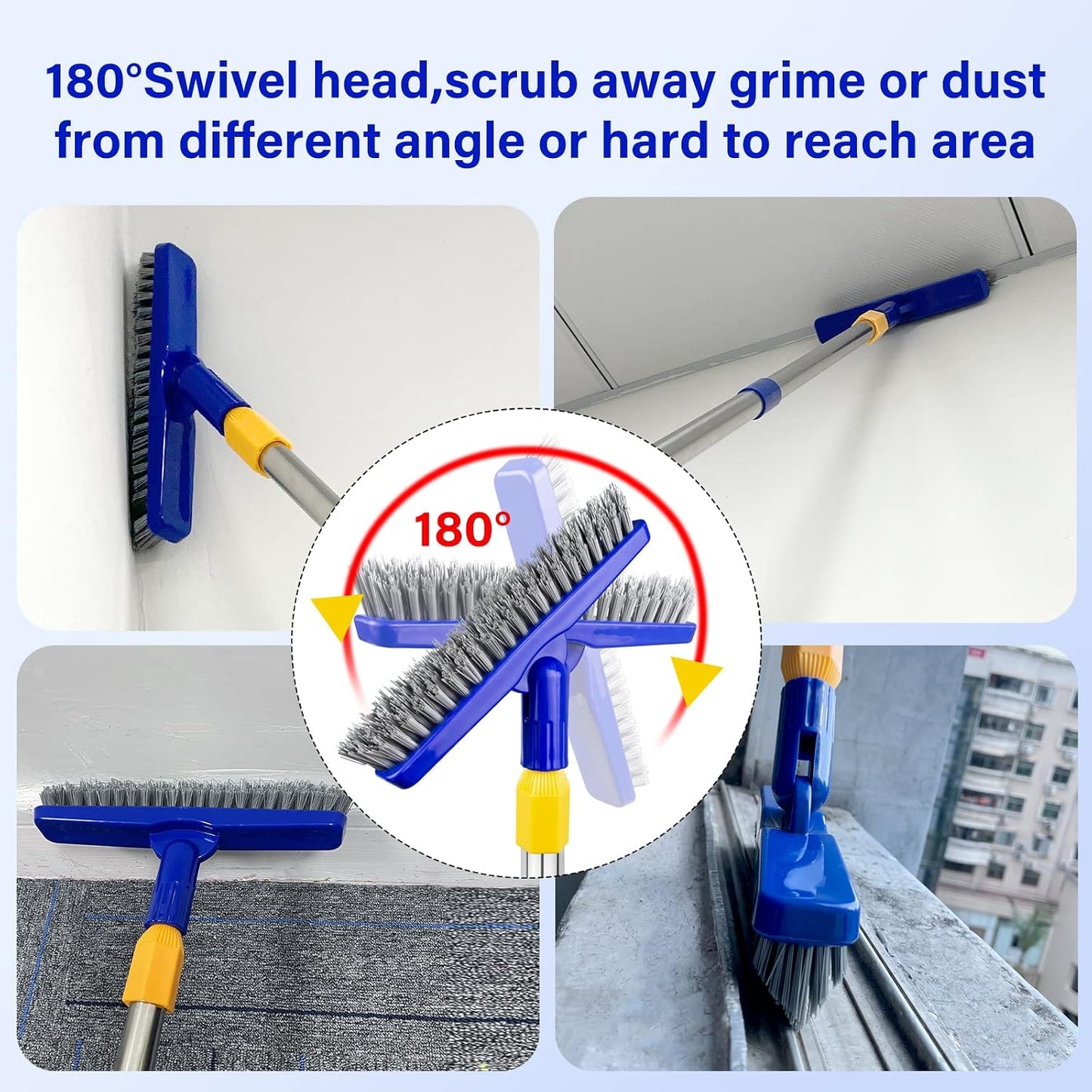 ITTAR Grout & Scrub Brush Combo, Floor Scrubber with Long Handle, Multi-Purpose Stiff Bristles Cleaning Brush Set for Tile, Grout, Deck, Kitchen, Shower Floor (2 Pcs)