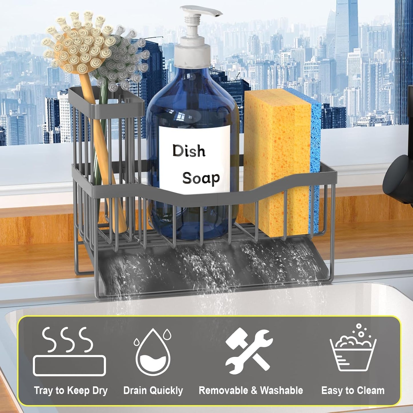 Maifan Sink Caddy Sponge Holder for Kitchen with Brush Holder and Stainless Steel Self Drain Tray, Rustproof Kitchen Sink Organizer for Sponge, Soap Dispenser Storage Accessories (Lacquer Silver)