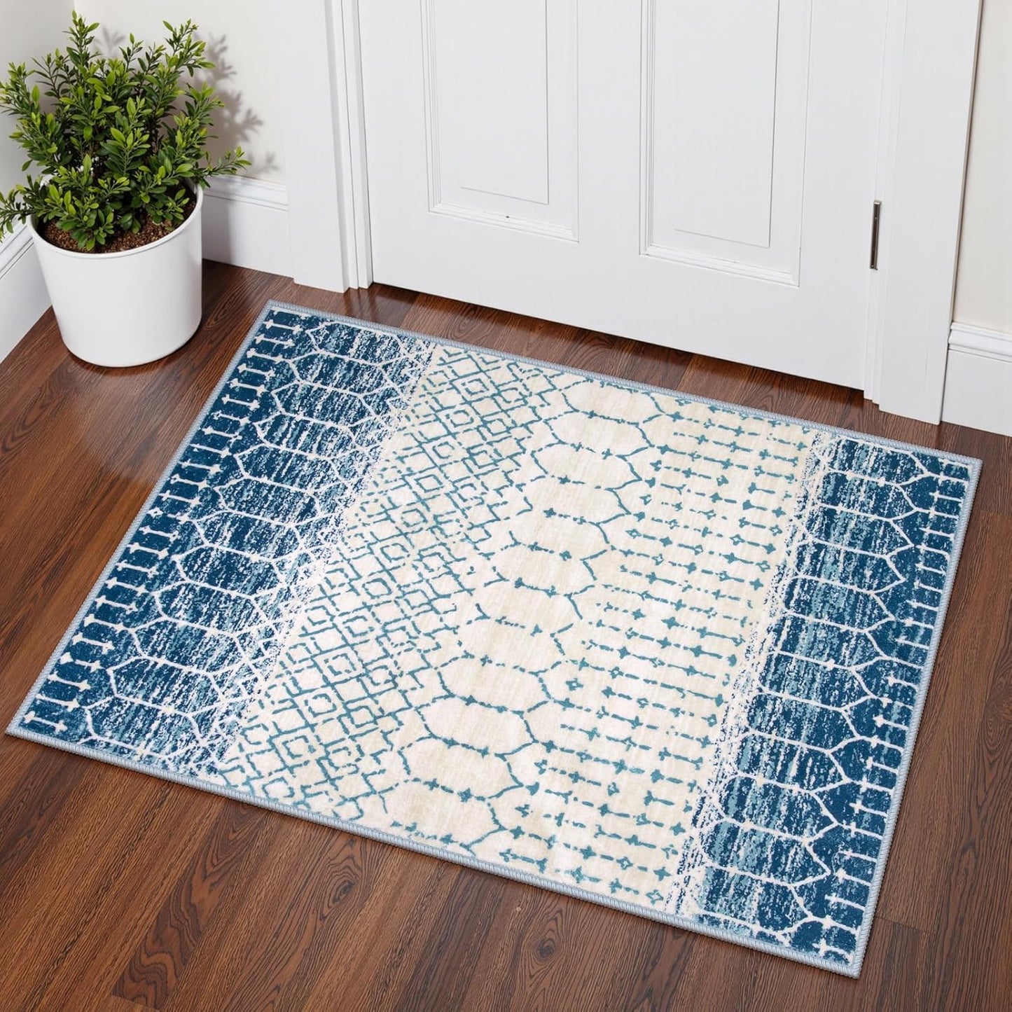 Lahome Moroccan Entry Rug 2x3, Non-Slip Washable Front Indoor Door Mat Rubber Backing Low-Profile Door Rugs, Small Geometric Print Distressed for Entryway Bathroom Kitchen, Black Hana