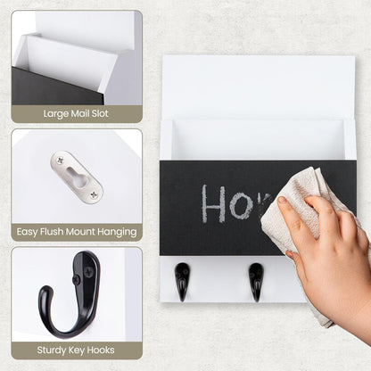 Key and Mail Holder for Wall Mount, Entryway Mail Holder with 2 Slot, Key Holder with 3 Sturdy Hooks for Coat, Dog Leash, Decorative Key Rack (8.86”W x 11.42”H x 3”D) (Black)