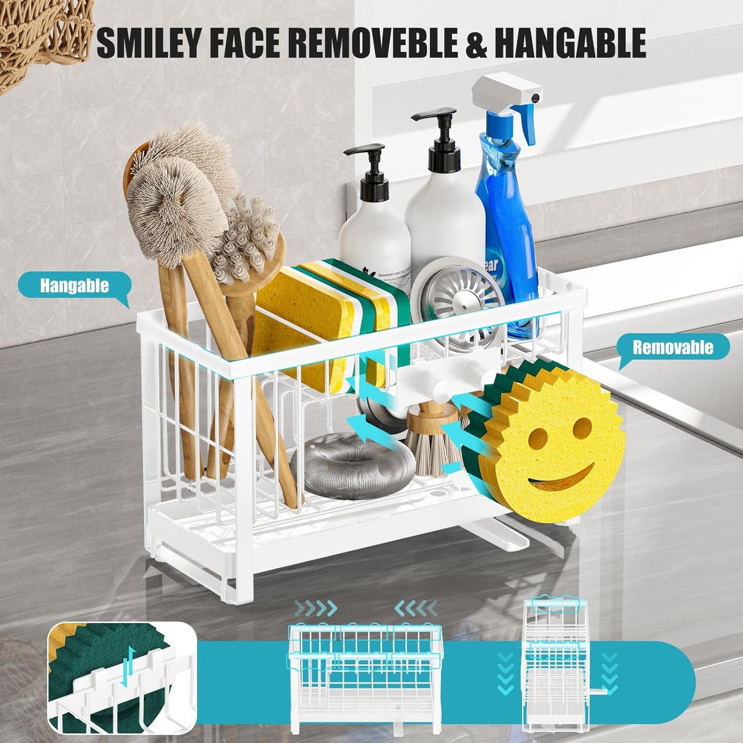 Sponge Holder for Kitchen Sink,Smiley Face Sink Caddy with Removable Brush Holder,Self-Draining Sponge Caddy for Soap,Dish Brush,Scrubber,Kitchen Essentials and Gadgets-Silver