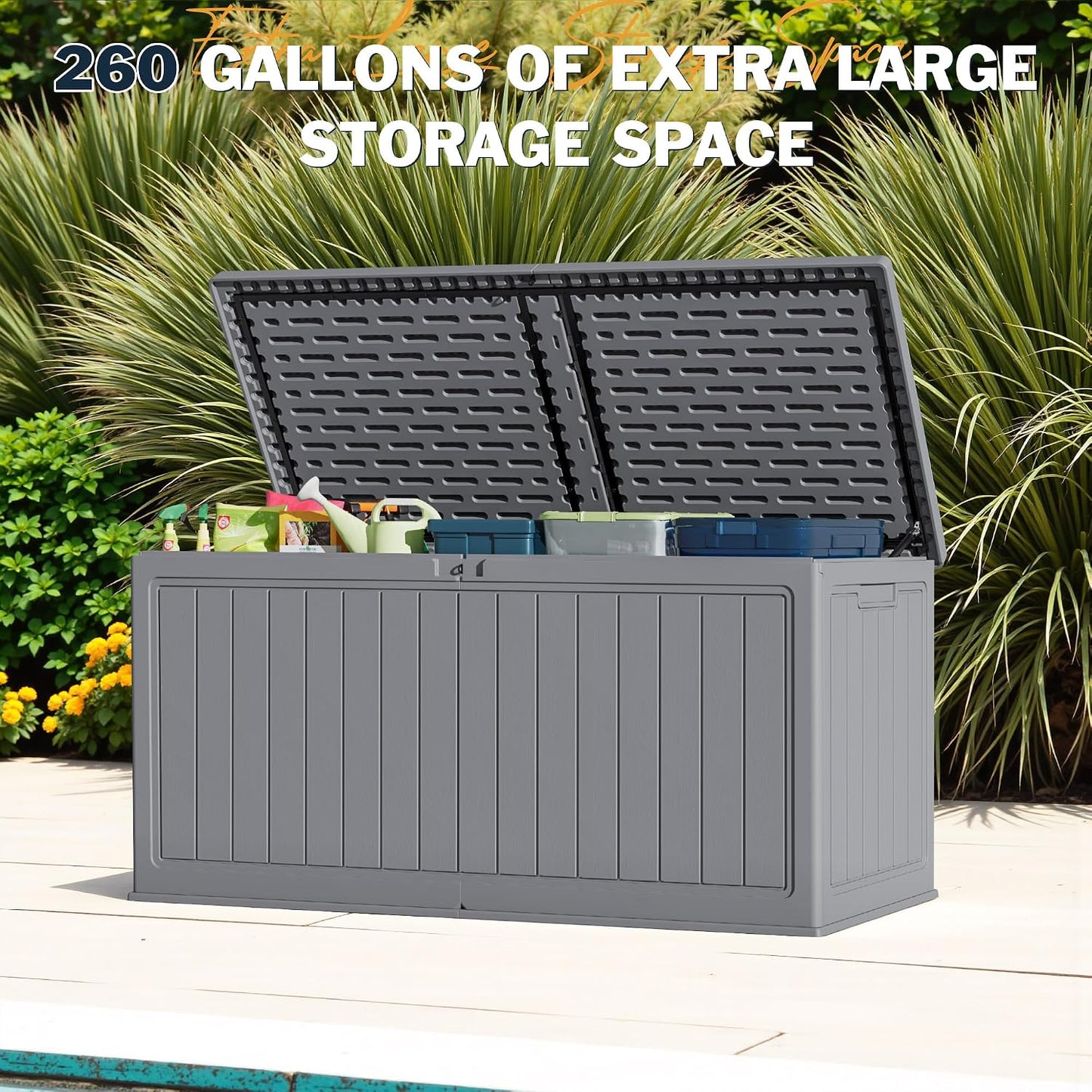 Greesum Outdoor Storage Box 31 Gallon Storage Box with Lid for Patio Furniture, Garden Tools, Pool Supplies, Waterproof and UV Resistant, Lockable, Dark Black