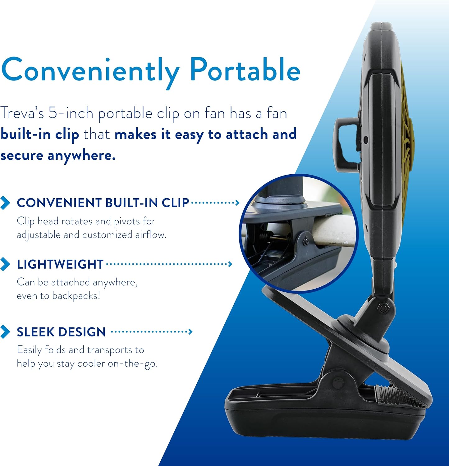 Treva 5 Inch Battery Powered Clip Slim and Portable Cooling Fan with Clamp for Travel, Outdoor,Camping, Car, Office Desk, Baby Stroller - Multi-Directional Rotating and Adjustable Head, Khaki (FC05005)
