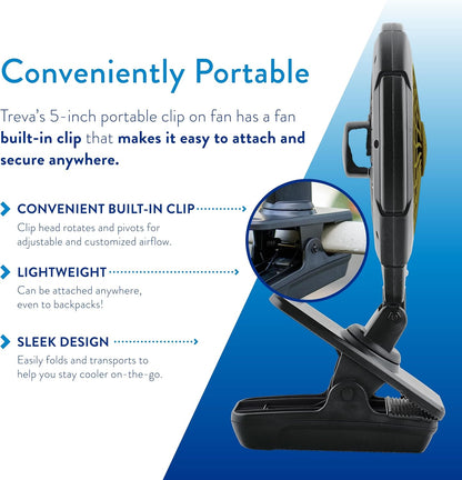 Treva 5 Inch Battery Powered Clip Slim and Portable Cooling Fan with Clamp for Travel, Outdoor,Camping, Car, Office Desk, Baby Stroller - Multi-Directional Rotating and Adjustable Head, Khaki (FC05005)