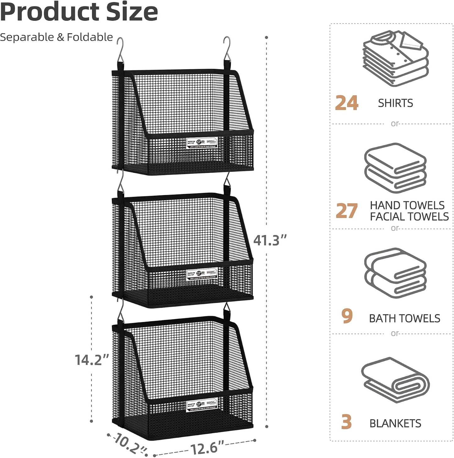 STORAGE MANIAC 3 Tier Hanging Closet Organizer with Mesh Baskets, Clothes Hanging Shelves, Foldable Stackable Storage, Space-Saving Collapsible Basket with Hooks for RV, Dorm, Bedroom, College, Black