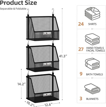 STORAGE MANIAC 3 Tier Hanging Closet Organizer with Mesh Baskets, Clothes Hanging Shelves, Foldable Stackable Storage, Space-Saving Collapsible Basket with Hooks for RV, Dorm, Bedroom, College, Black