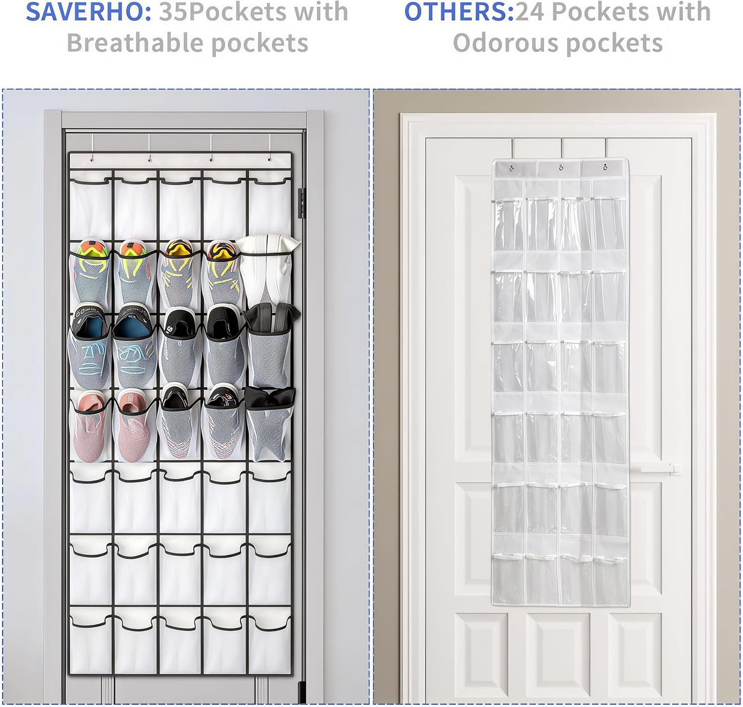 SAVERHO 35 Pockets Over the Door Shoe Organizer, Hanging Shoe Organizer for Door with 35 Mesh Pockets Large Capacity Shoe Hanging Storage Bag with 4 Metal Hooks (White-1Pack)