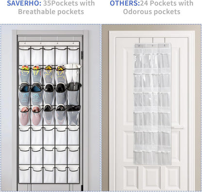 SAVERHO 35 Pockets Over the Door Shoe Organizer, Hanging Shoe Organizer for Door with 35 Mesh Pockets Large Capacity Shoe Hanging Storage Bag with 4 Metal Hooks (White-1Pack)