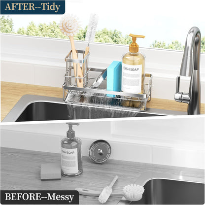 Consumest Sponge Holder for Kitchen Sink - Sink Caddy with Stainless Steel Self Drain Tray, Sink Organizer with High Brush Holder Countertop for Kitchen Sink Accessories, Black