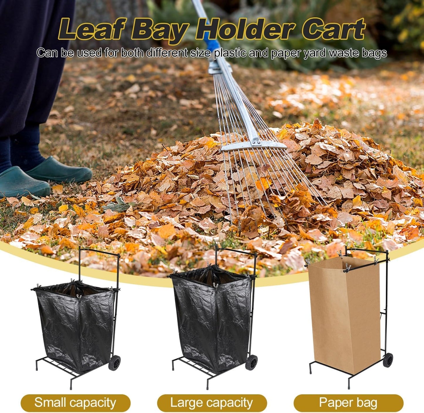 Portable Trash Bag Holder with Wheel, Adjustable 30-45 Gallon Outdoor Leaf Bag Stand, Durable Trash Bag Rack, for Yard, Lawn Cleanup, Gardening, Camping & Parties