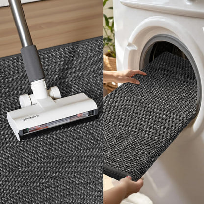 Ultra Thin Indoor Door Mat 24"x36", Washable Door Mat Indoor Entrance, Non Slip Rubber Backing Doormat Low-Profile Inside Entryway Mat, Unique Herringbone Design Entry Mat, Khaki (FOLD)