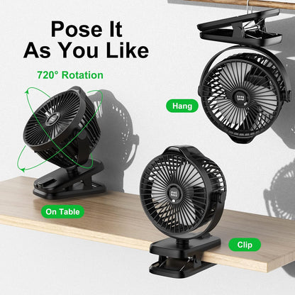 Minthouz Clip on Fan - 8000mAh USB C Rechargeable Small Fan with Battery Level Indicator, 720° Rotation Low Noise Desk Fan for Outdoor Camping/Stroller/Home/Office