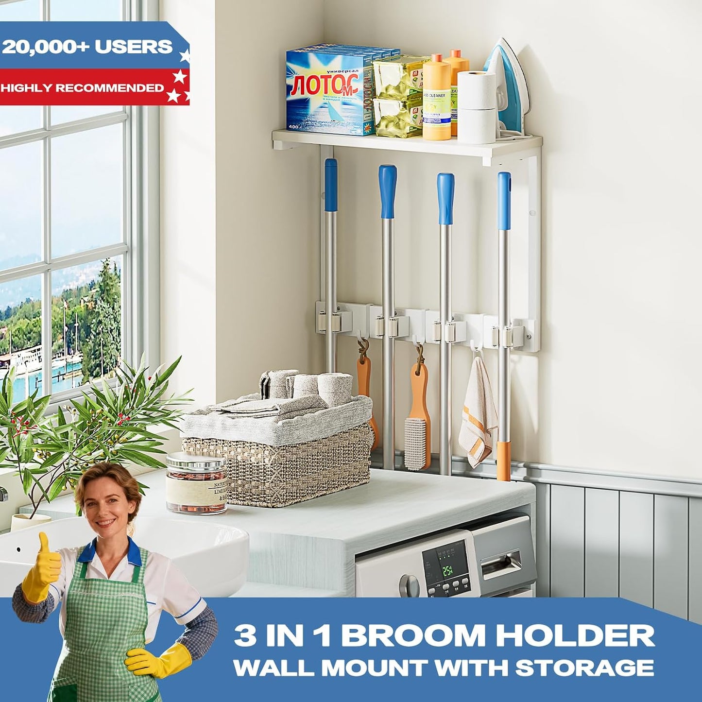 Broom Holder Wall Mount with Cleaning Supplies Organizer, Laundry Room Organization and Storage Shelf with Mop Hanger Rack Gripper Hooks, Utility Shelf Closet Organizer Floating Shelves for Garage