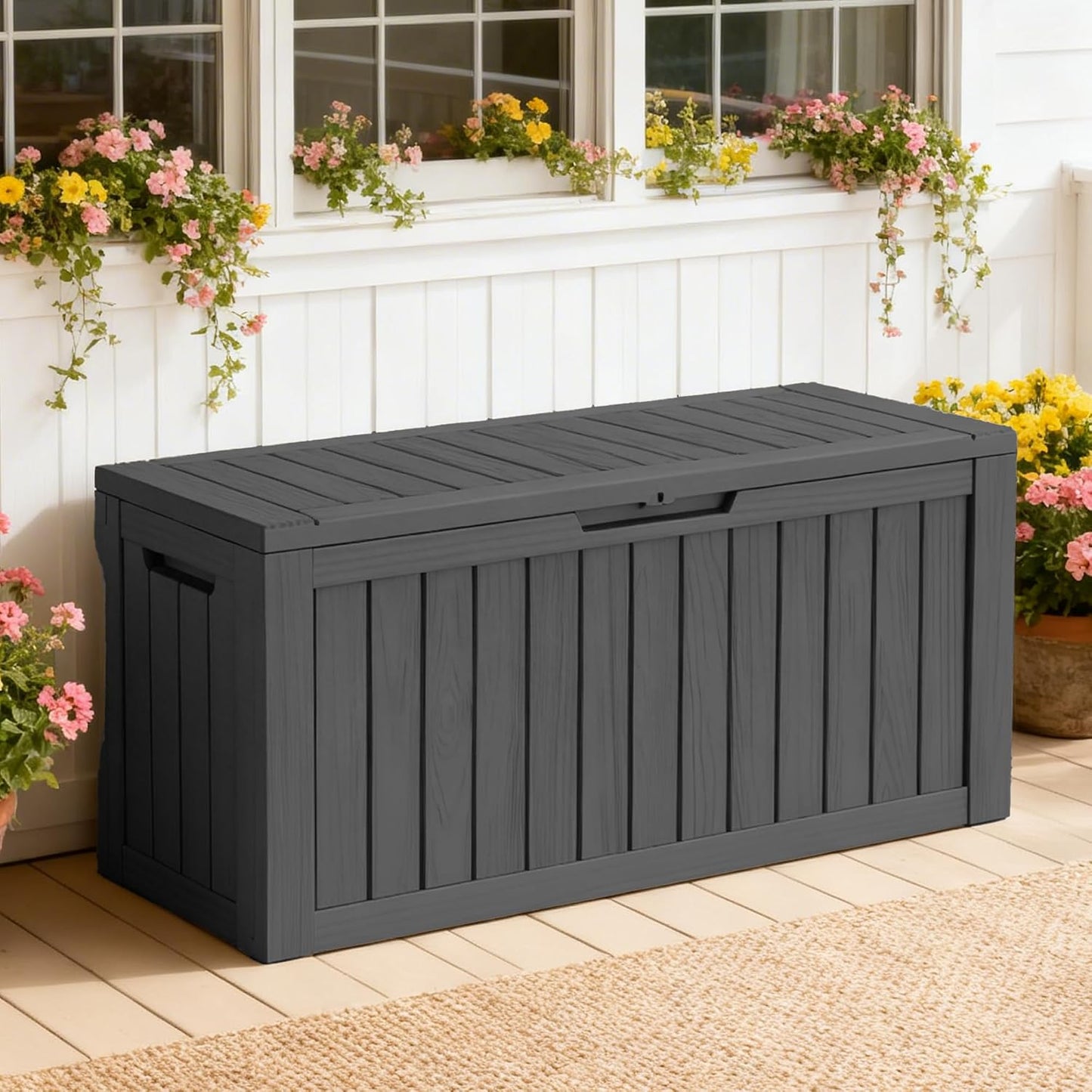 125Gal Outdoor Storage Box, Lockable Deck Box with Hydraulic Lid | Waterproof UV-resistant, Durable outdoor bin for patio cushions, pool accessories & garden tools. Keeps contents secure & dry