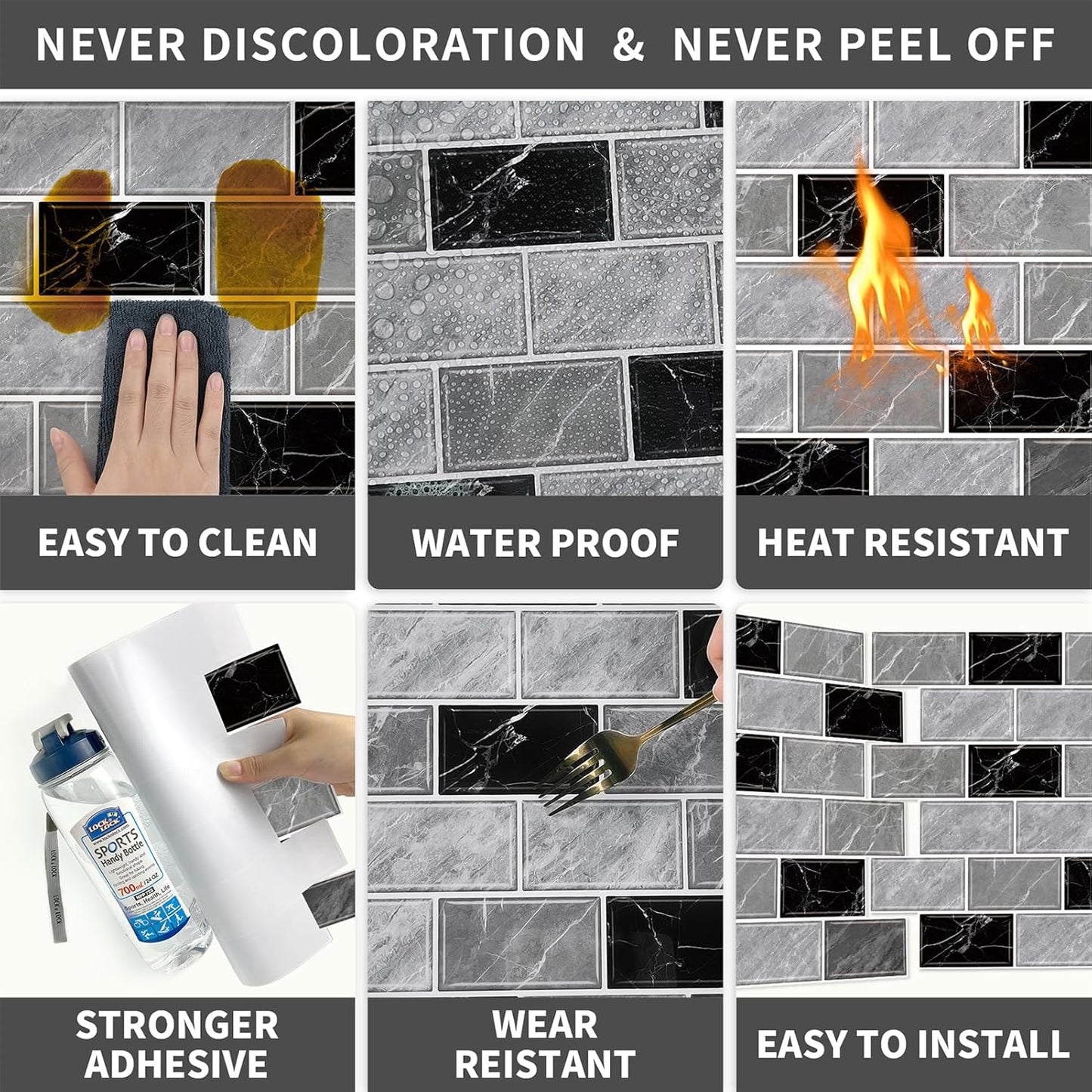 URCOLOR 10-Sheet Subway Tile Peel and Stick Backsplash for Kitchen,12"x12" Self Adhesive Wall Tiles Sticker on Back Splashes for Bathroom Gray Marble Design