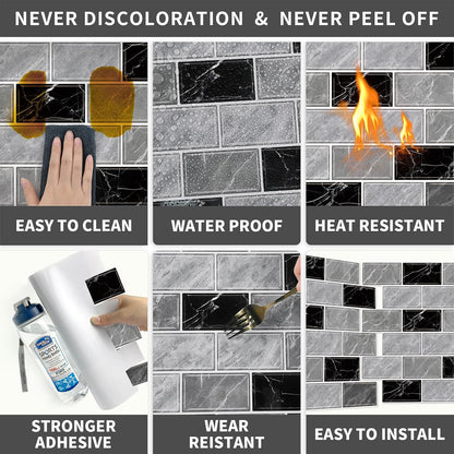 URCOLOR 10-Sheet Subway Tile Peel and Stick Backsplash for Kitchen,12"x12" Self Adhesive Wall Tiles Sticker on Back Splashes for Bathroom Gray Marble Design