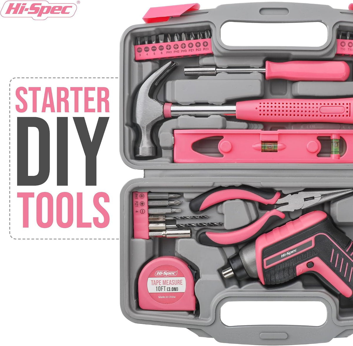Hi-Spec Tool Kit with 3.6V USB Small Electric Screwdriver Set, Pink Drill Set for Women, Tool Kit for Home