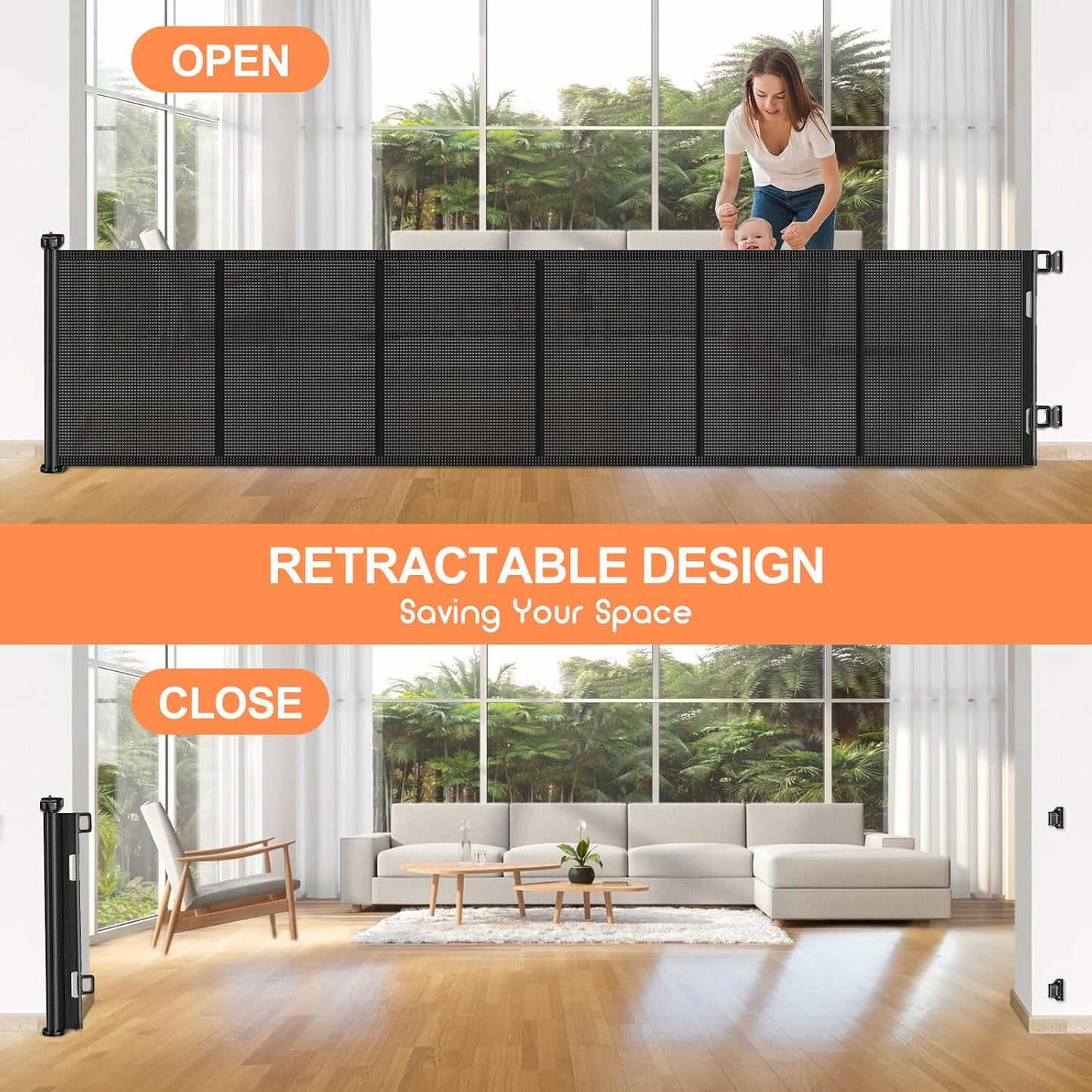 71 inch Retractable Baby Gates, EZIGO Extra Wide Baby Gate for Large Opening Extra Long Mesh Gate for Kids or Pet Dog Gate Child Safety Gate for Stairs Hallways Doorway Indoor Outdoor, Gray