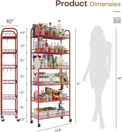 Slim Rolling Storage Cart with Wheels, Metal 6 Tier Spice Rack Mobile Shelving Unit Organizer Kitchen Utility Cart for Office Bathroom Kitchen Laundry Room Narrow Places (6inches)