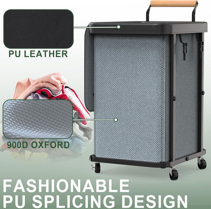 230L (60 Gal) Extra Large Fashion Laundry Sorter 3 Section with Lid, Rolling Laundry Basket Hamper with Handle, Laundry Organizer Storage Cart with Sturdy Metal Frame for Laundry Room, Hotel, White