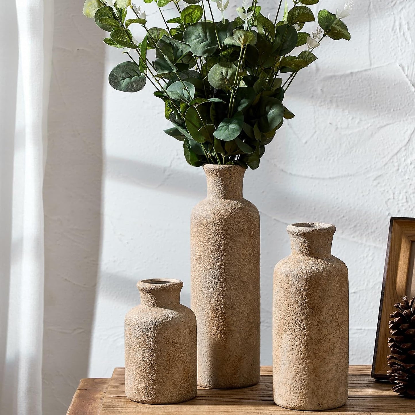 LUKA Ceramic Rustic Farmhouse Vase,Terracotta Vases for Decor,Vase Set of 3,Vases for Your Bedroom,Office,Living Room,Fireplace,Bookshelf Decor,Housewarming 10+7.5+5 Inch